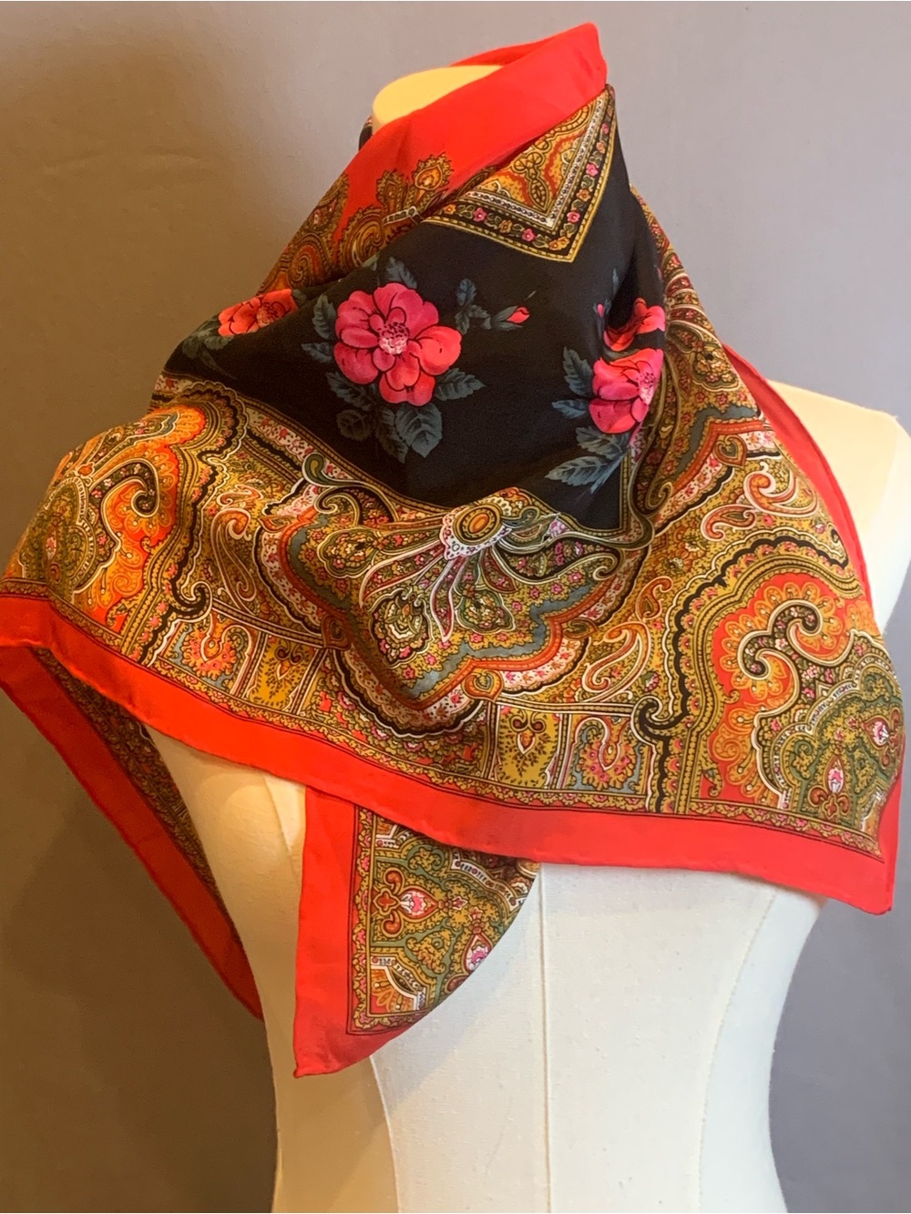 Vintage 1970s-80s Bill Blass Silk Scarf Paisley Floral Medallion 32”